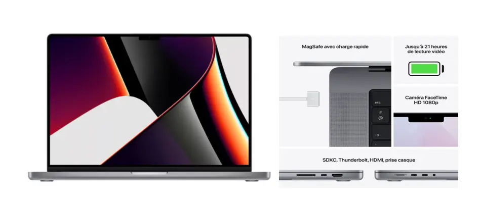 Apple MacBook Pro 16'' 512 Go SSD 16 Go RAM Puce M1 Pro CPU 10 cœurs GPU 16 cœurs Gris Sidéral 2021